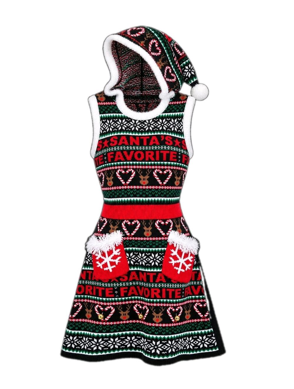 SANTA'S FAVORITE Xmas Sweater XL Dress Hoodie Jingle Bells Tinsel Ugly Mini